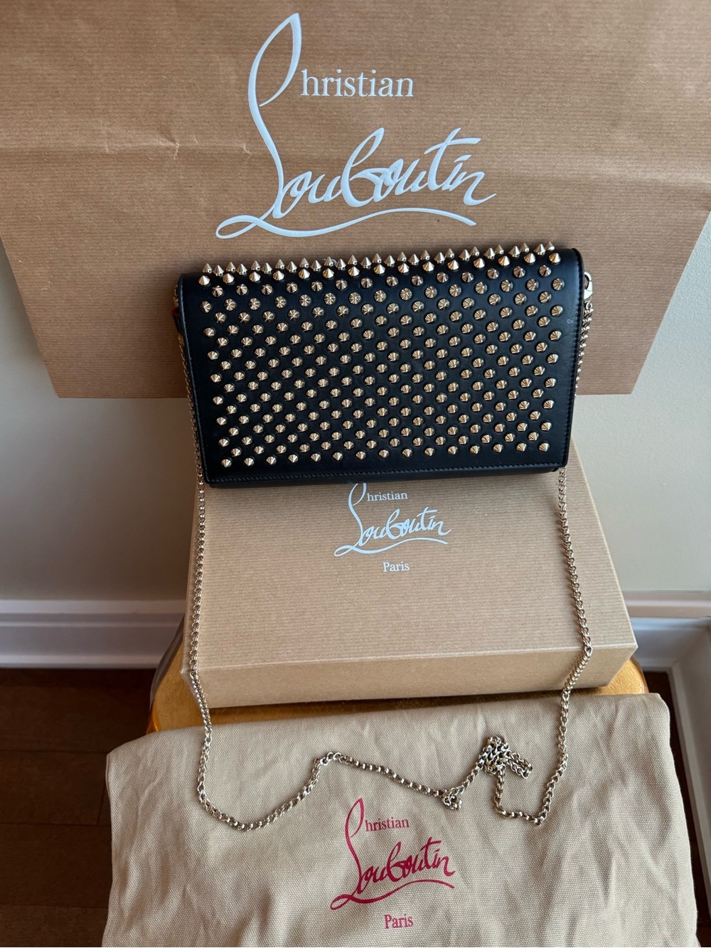 Christian Louboutin Clutch Crossbody Bag, calf leather with spikes, Black, Gold